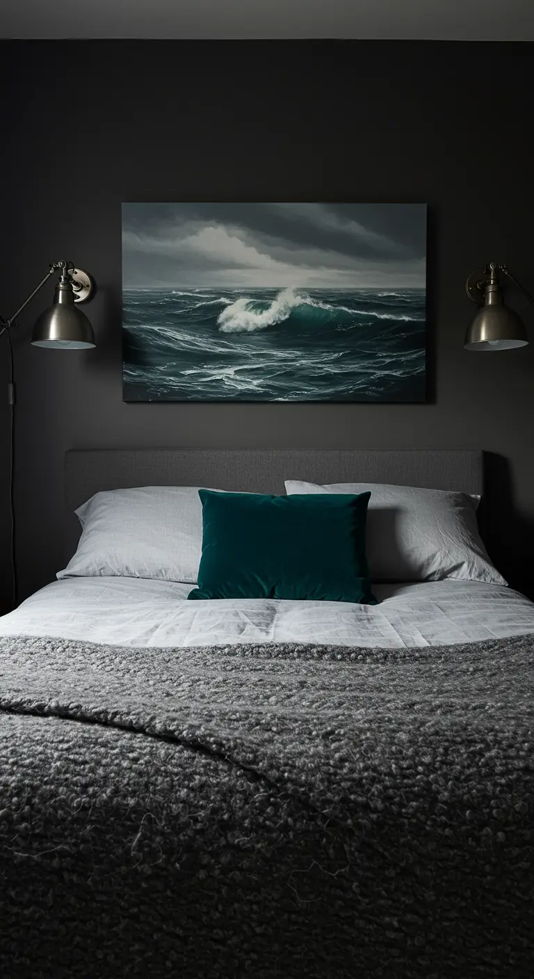 Dormitorio con paredes oscuras, un cuadro de un mar tormentoso y una manta de punto grueso.