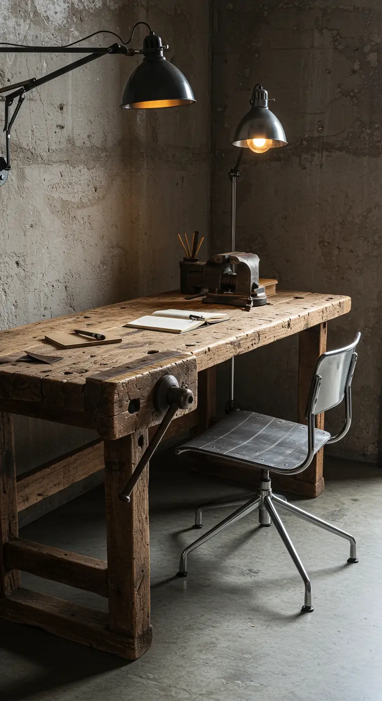 Antiguo banco de trabajo de madera utilizado como escritorio en un entorno industrial.