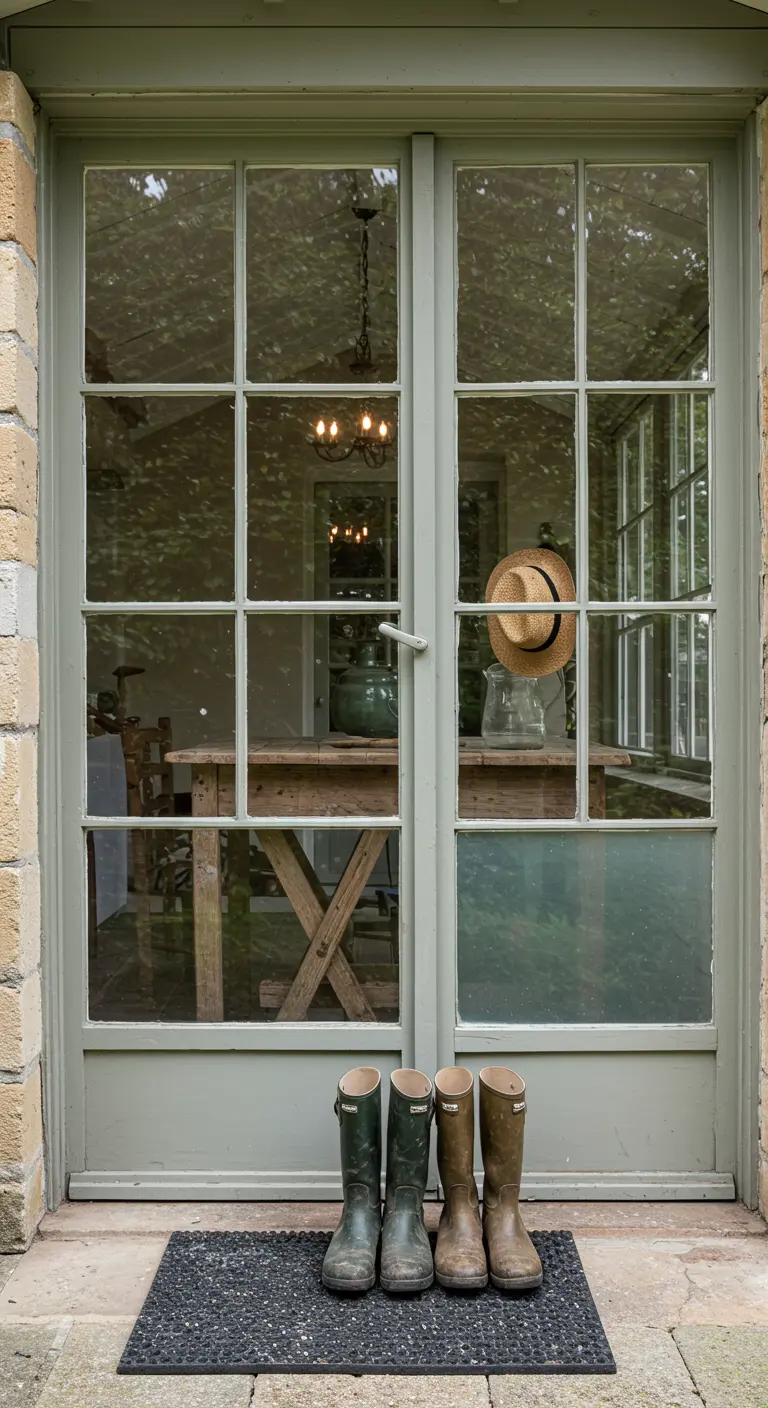 Puerta de cristal con un felpudo oscuro y cuatro botas de agua dispuestas de forma informal
