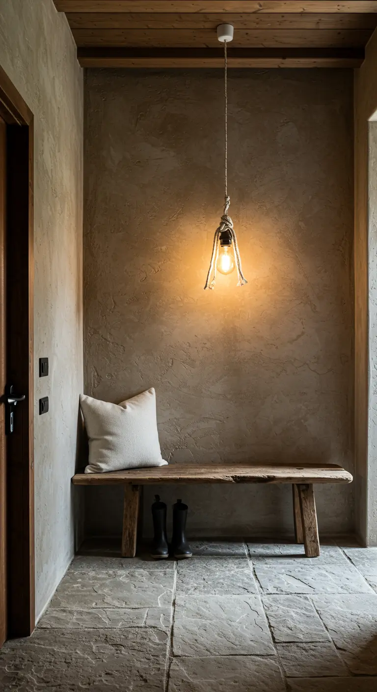Rincón de entrada rústico con banco de madera, paredes texturizadas y una bombilla colgante.