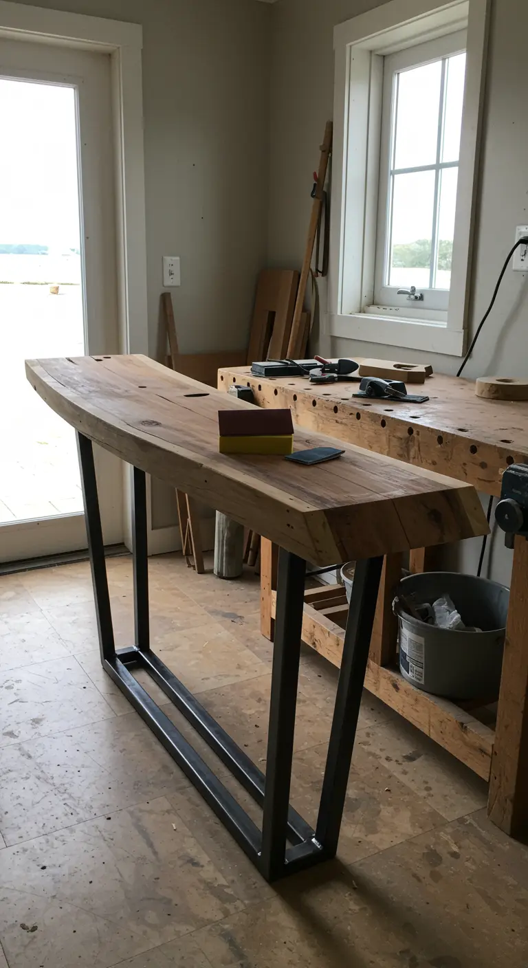 Consola rústica hecha con una gruesa viga de madera natural y una base de metal negro.