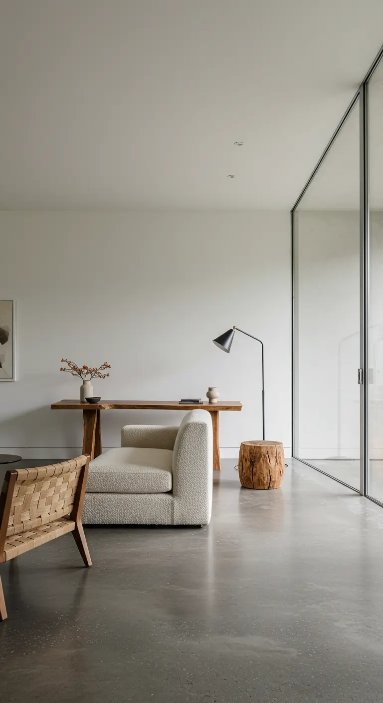 Escritorio de madera de líneas sencillas en un salón minimalista de hormigón pulido.