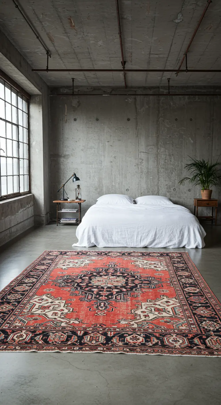 Dormitorio minimalista con paredes de hormigón, colchón en el suelo y una gran alfombra persa