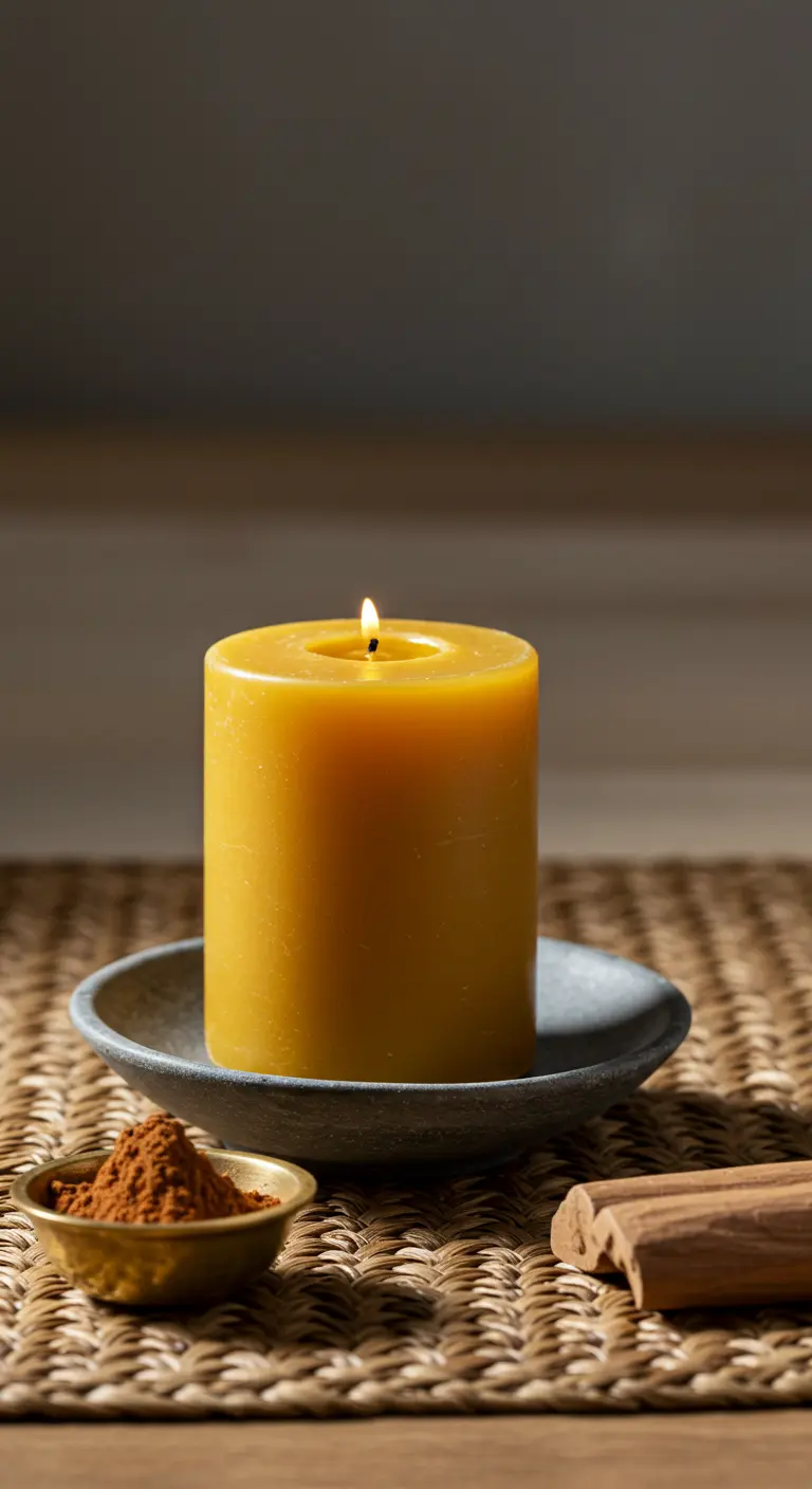 Vela pilar cilíndrica de cera de abeja de color amarillo intenso, encendida sobre un platillo de cerámica.