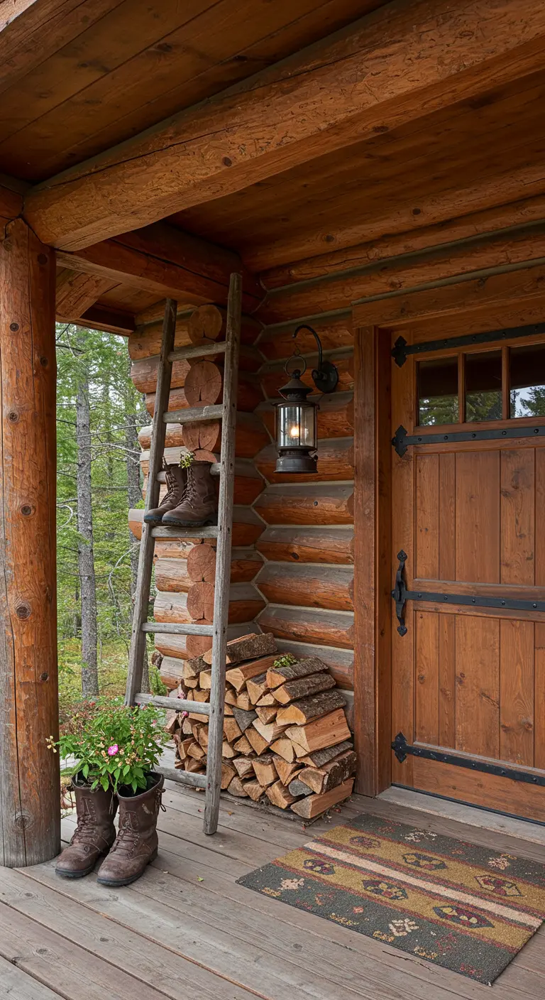 Escalera de troncos en el porche de una cabaña de madera, utilizada para colgar botas y apilar leña.
