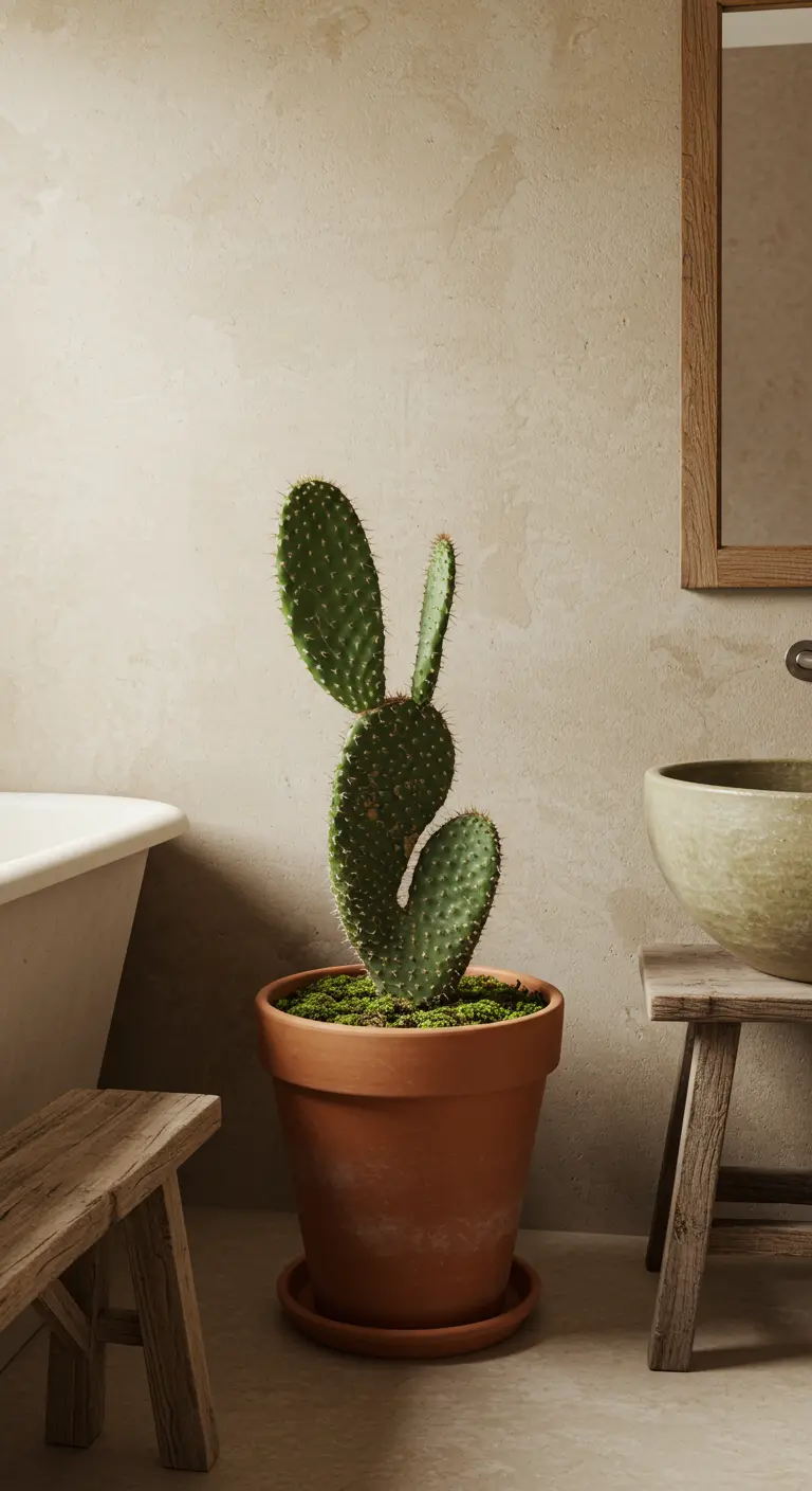 Baño estilo wabi-sabi con paredes de yeso, cactus y taburete de madera.