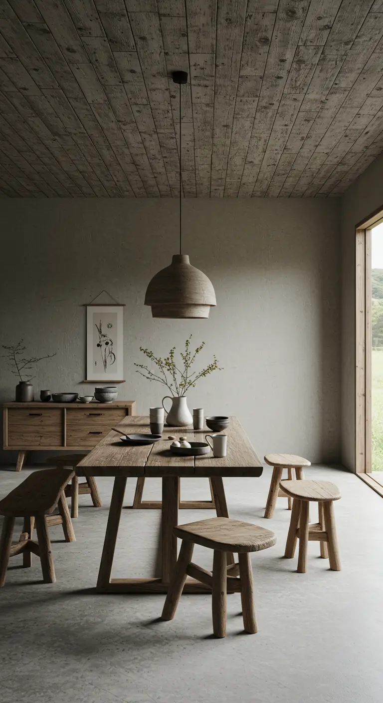 Comedor de estilo wabi-sabi con techo de madera desgastada y muebles rústicos
