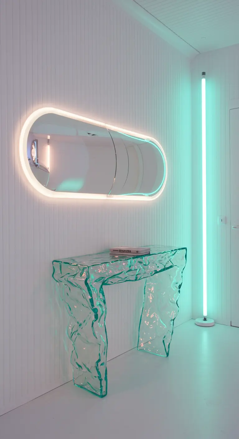 Entrada minimalista con consola de acrílico de aspecto fundido y espejo ovalado retroiluminado.