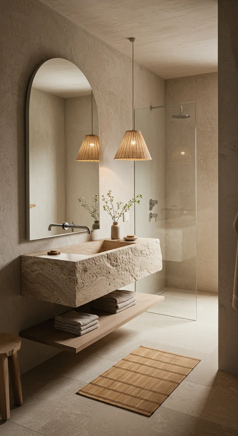 Baño minimalista y cálido con paredes de microcemento, lavabo de piedra natural y espejo arqueado.