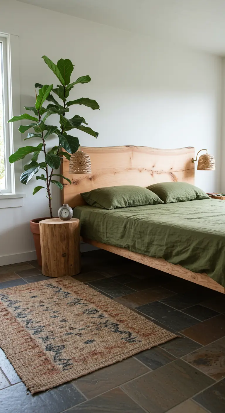 Dormitorio con cabecero de madera de borde natural, ropa de cama verde y mesita de tronco.