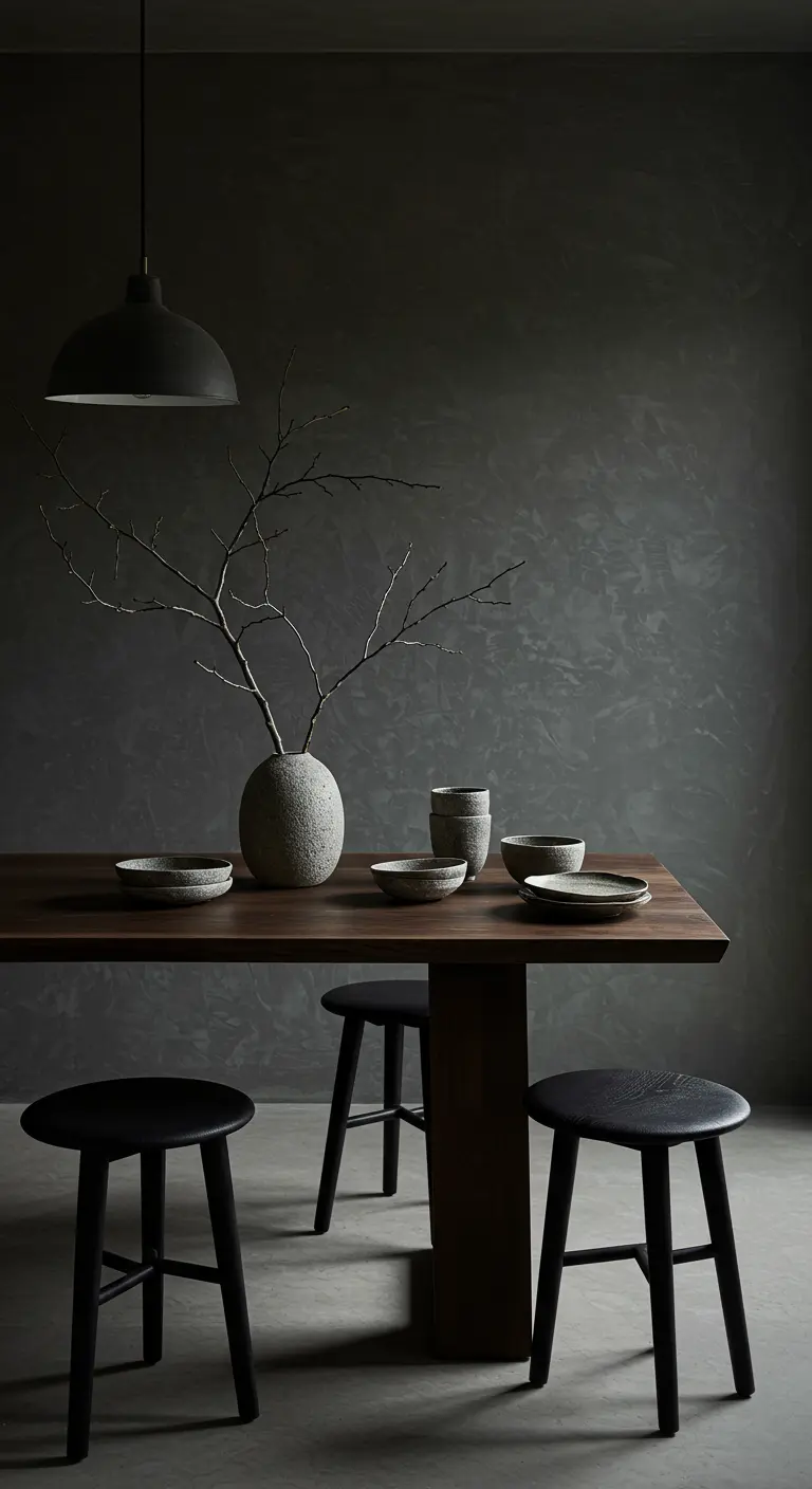 Comedor estilo Wabi-Sabi con paredes grises texturizadas y mobiliario minimalista.