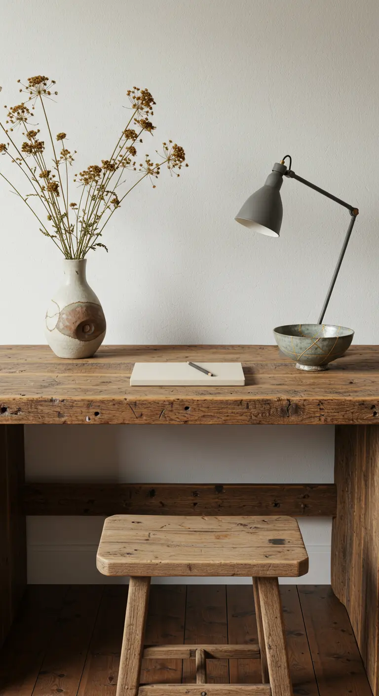 Escritorio rústico de madera recuperada con un taburete a juego, cerámica artesanal y flores secas.