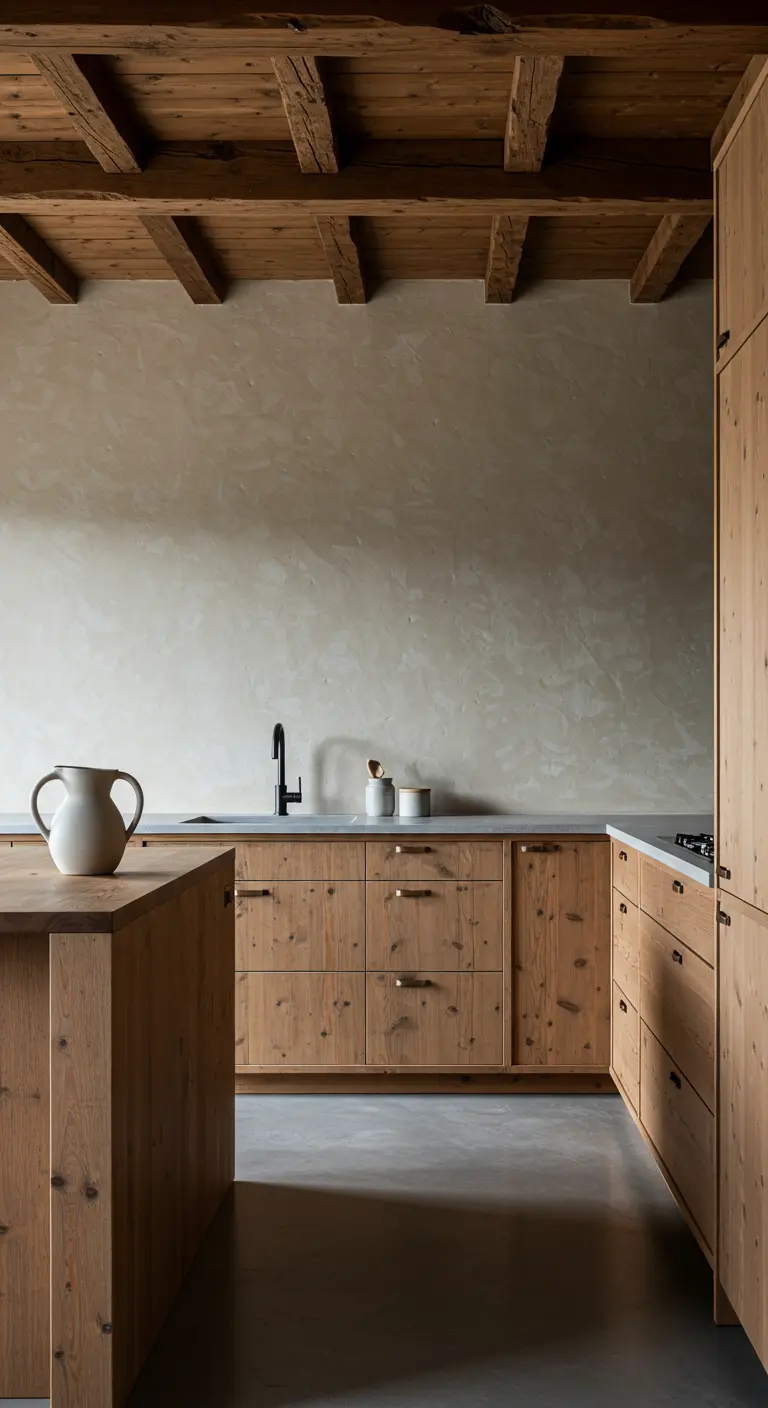 Cocina con paredes de estuco texturizado y muebles de madera de pino natural.