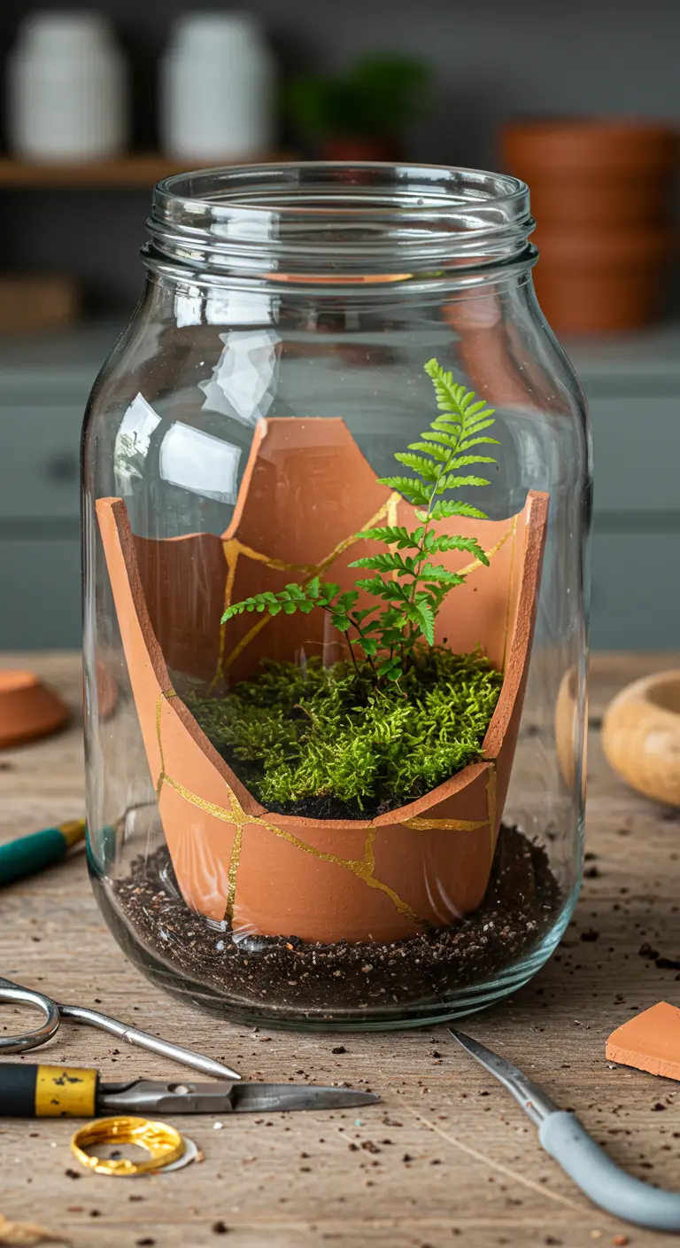 Un terrario en un frasco grande que contiene una maceta de terracota rota y reparada con líneas doradas (Kintsugi).