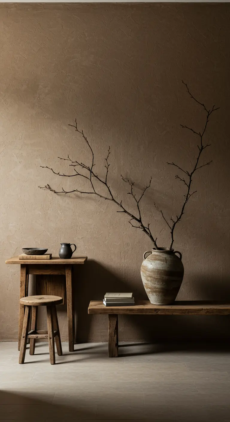 Rincón Wabi-Sabi con muebles de madera rústica y ramas secas en un jarrón