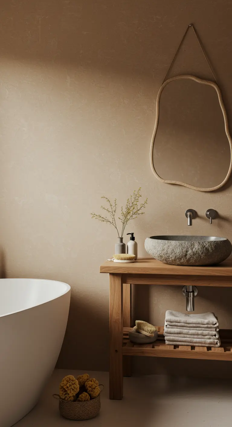 Rincón de baño con lavabo de piedra natural, espejo de forma orgánica y paredes en tono arena.