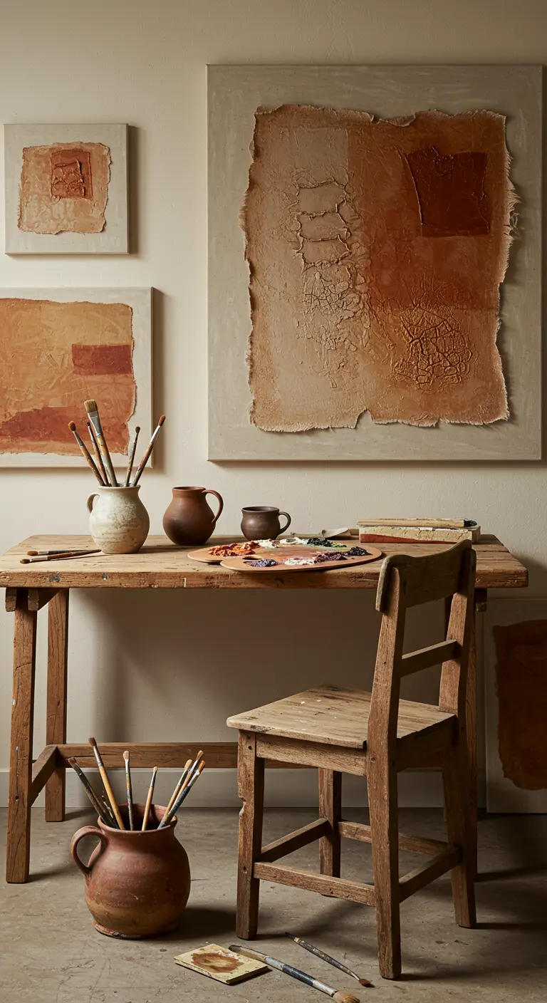 Estudio de arte rústico con mesa de madera, cerámica artesanal y cuadros con texturas en la pared.