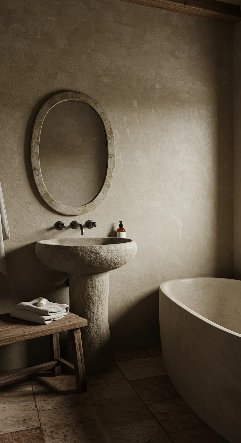 Baño rústico con paredes texturizadas, espejo y lavabo de piedra natural.