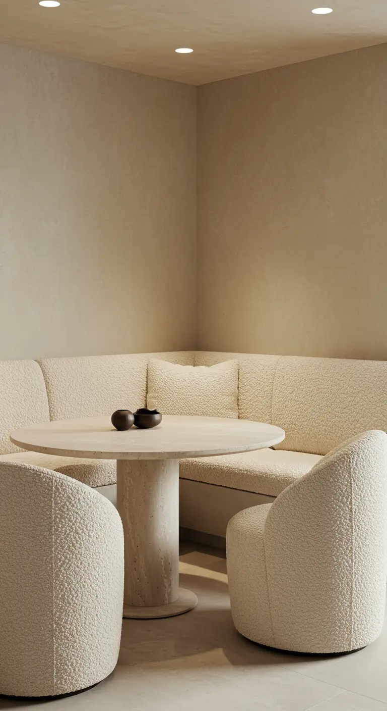 Comedor minimalista con banco y sillas tapizados en tela bouclé color crema.