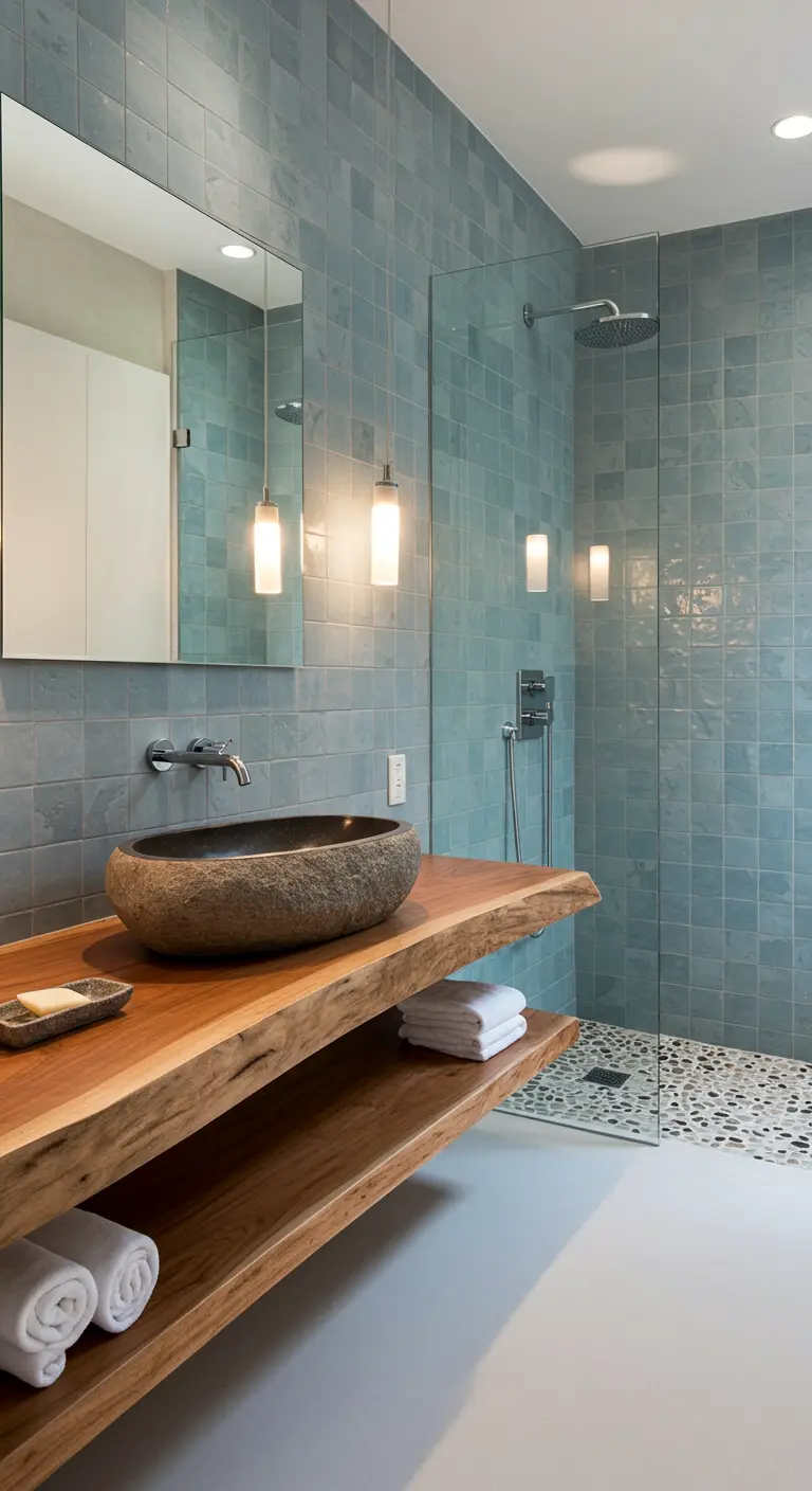 Baño con encimera de madera de borde irregular y lavabo de piedra natural