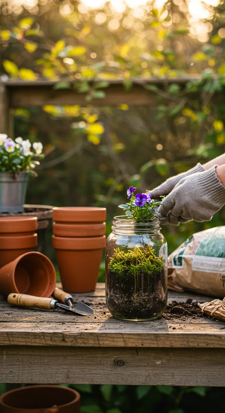 Una persona plantando una pequeña violeta en un frasco de vidrio sobre una mesa de jardinería.