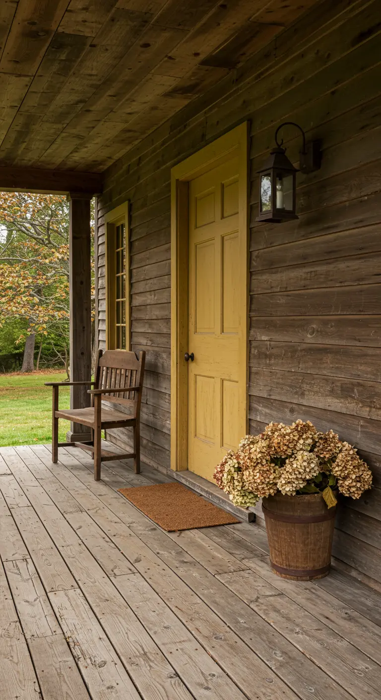 Porche rústico de una cabaña de madera con una puerta amarilla y hortensias secas en un barril.