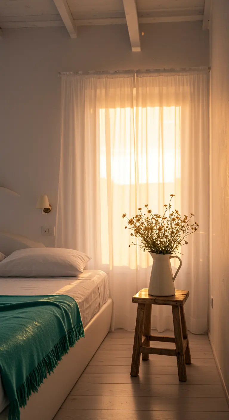 Rincón de dormitorio con un taburete de madera y un jarrón con flores junto a la cama.