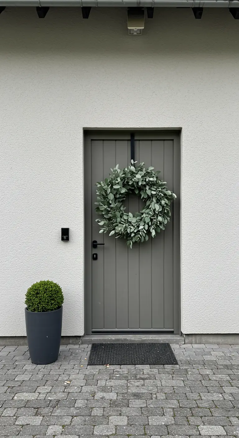Puerta de color gris con una gran corona de hojas de eucalipto y una maceta oscura al lado.