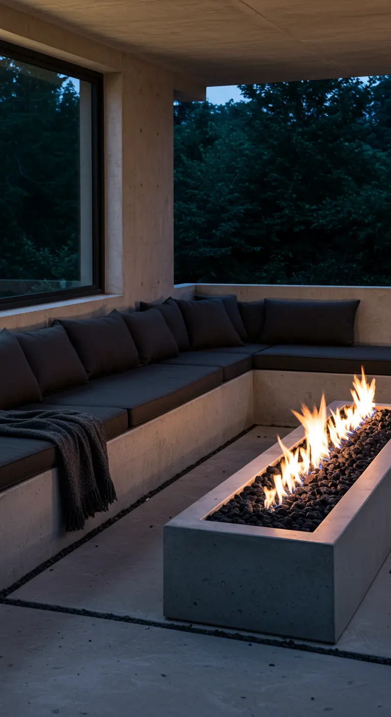 Zona chill-out de hormigón con un sofá de obra en forma de L y una hoguera rectangular alargada.