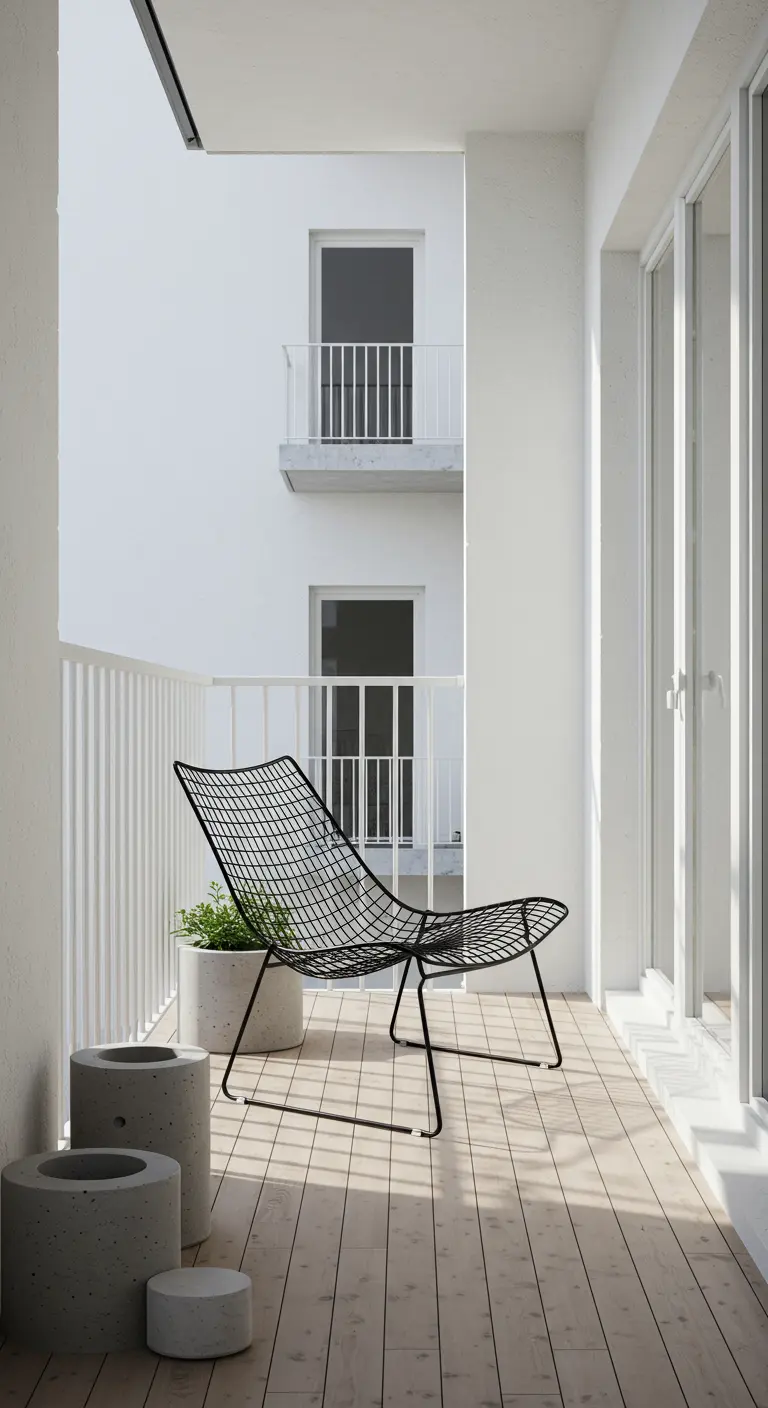 Balcón minimalista con paredes blancas, una silla de rejilla negra y maceteros de hormigón.