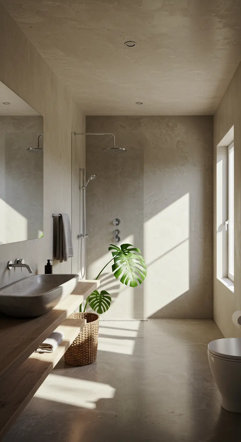 Baño minimalista de microcemento con una gran planta de monstera y luz natural lateral.