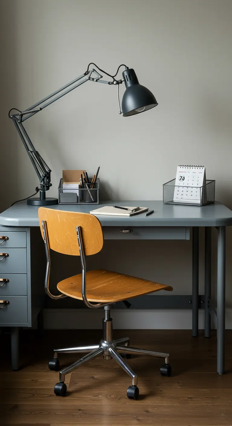 Escritorio metálico de estilo industrial con una silla de arquitecto y una lámpara de brazo articulado.