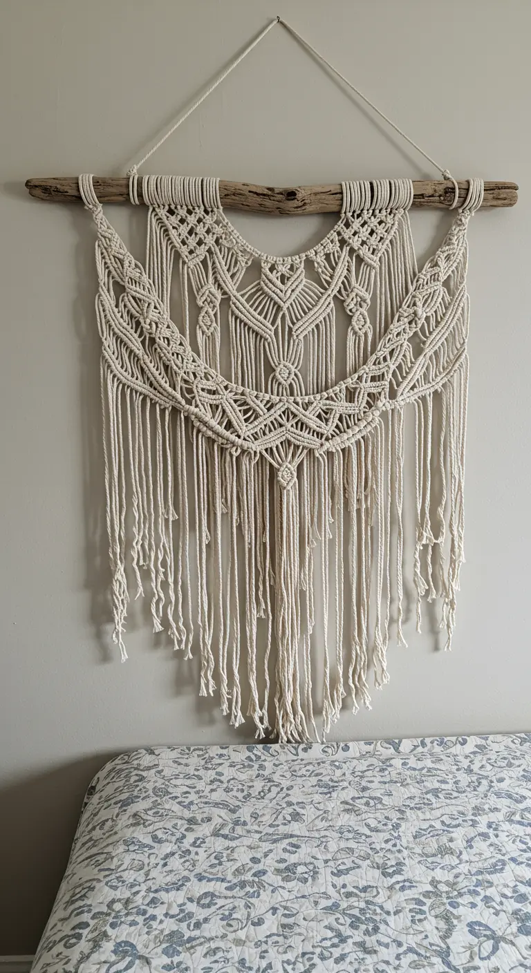 Cabecero de macramé con un diseño asimétrico y orgánico colgado de una rama de madera.