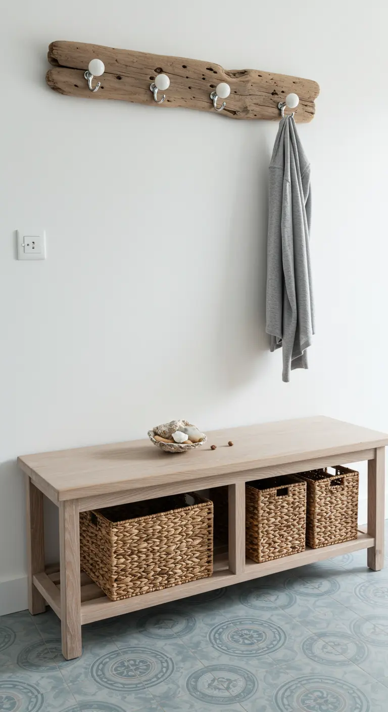 Banco de madera clara con cestas y un perchero de pared hecho con madera de deriva.