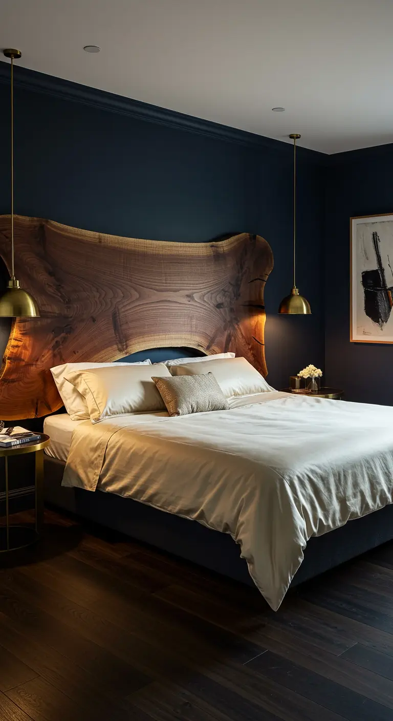 Cabecero impresionante hecho de una gran losa de madera con borde natural en un dormitorio oscuro y sofisticado