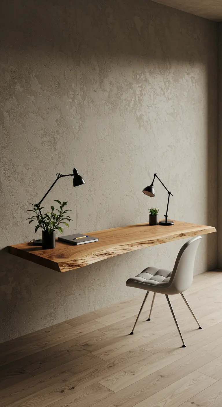 Escritorio flotante hecho con una gruesa tabla de madera de borde natural irregular.