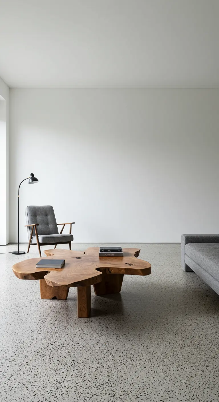 Sala minimalista con paredes blancas, sofá gris y una mesa de centro de madera de forma orgánica.