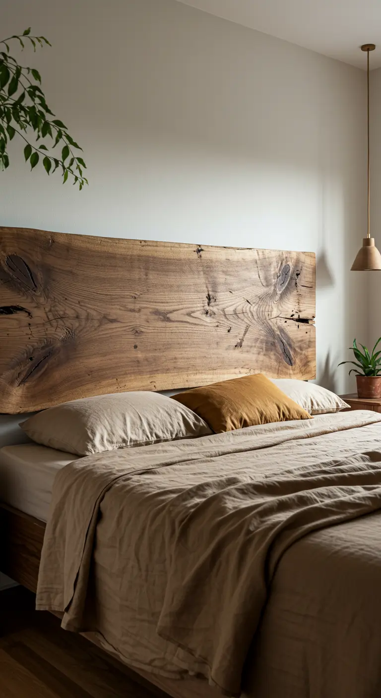 Cabecero de cama de una sola pieza de madera maciza con borde natural y una veta muy marcada.