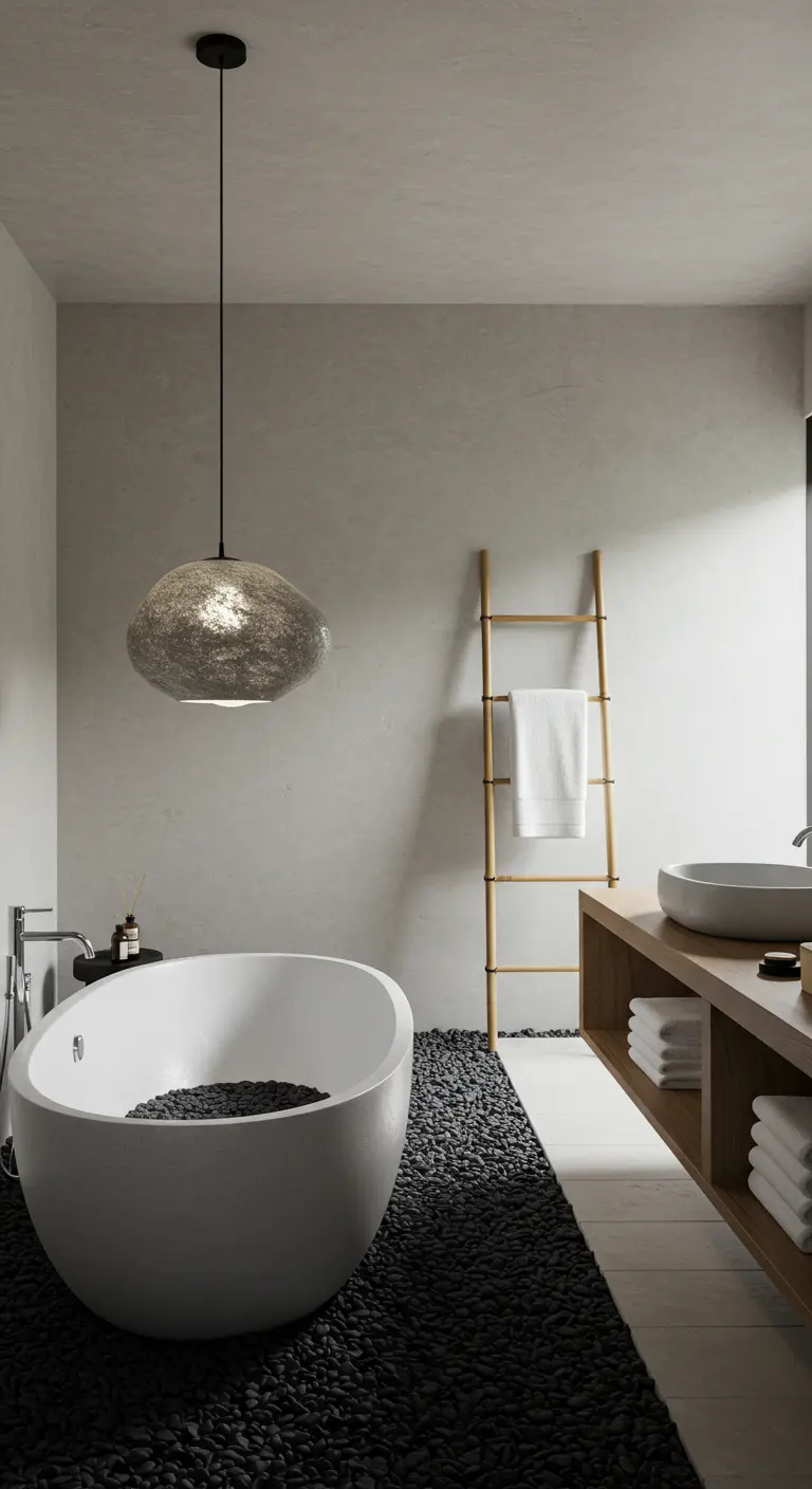 Baño wabi-sabi con una lámpara colgante con forma de piedra gris