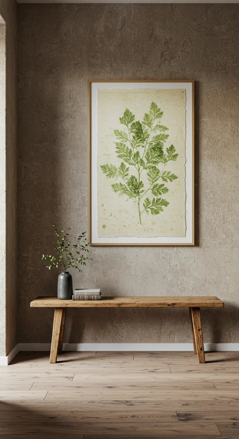 Lámina de una planta prensada en papel artesanal colgada sobre un banco de madera rústico