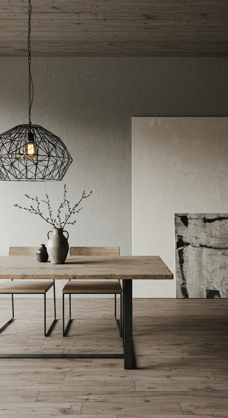 Comedor minimalista rústico con mesa de madera, paredes texturizadas y lámpara de alambre negro