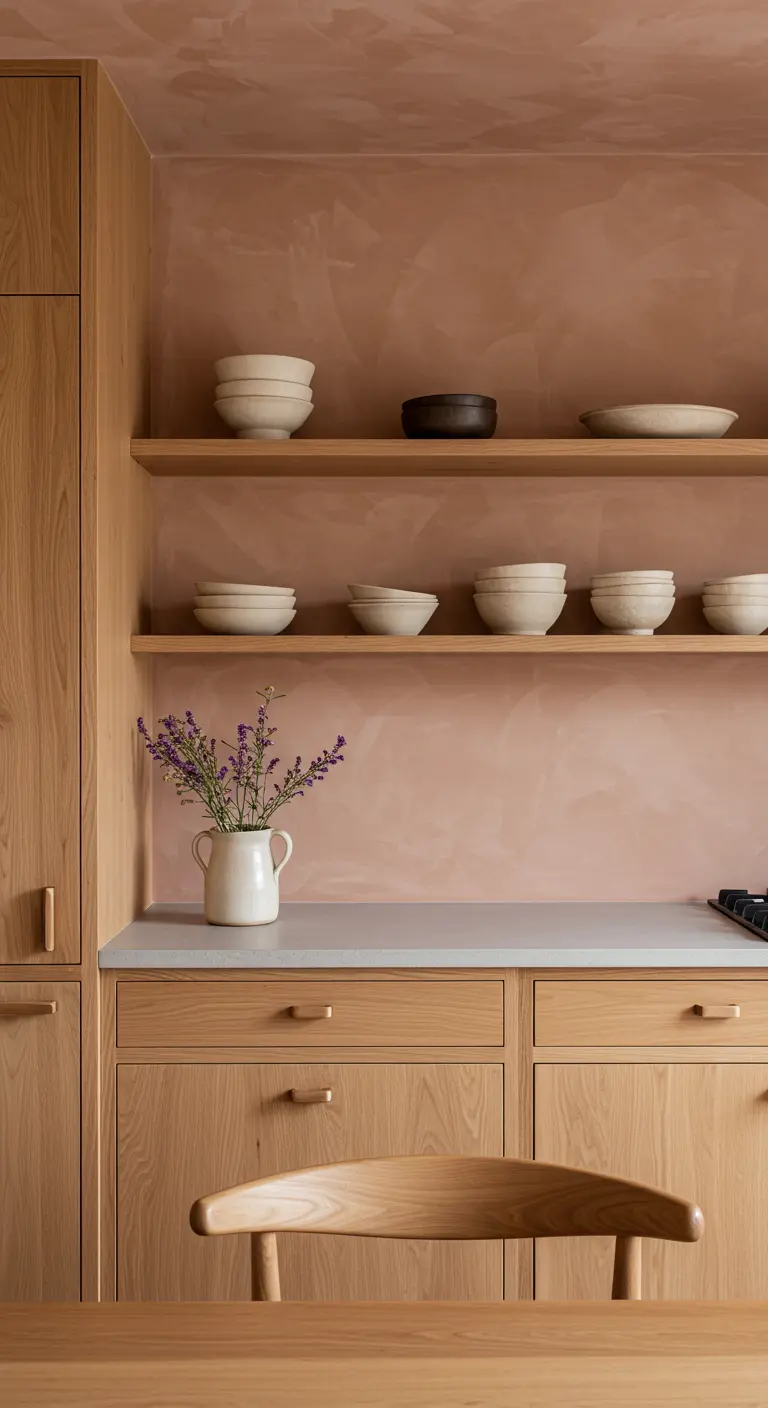 Cocina Wabi-Sabi con pared rosa texturizada y estantes de madera con cerámica artesanal.