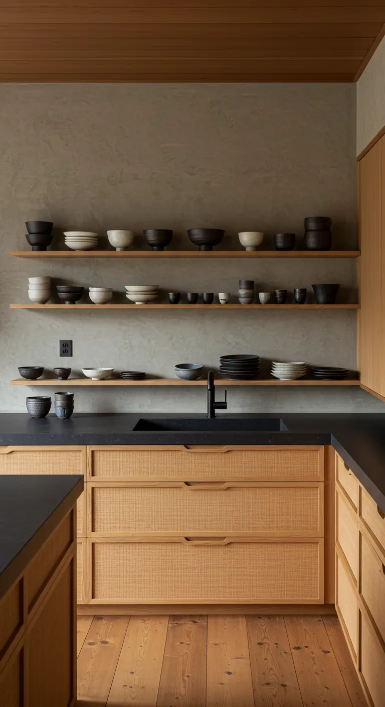 Estantes flotantes de madera en una pared de microcemento, con una colección de cuencos de cerámica artesanal.