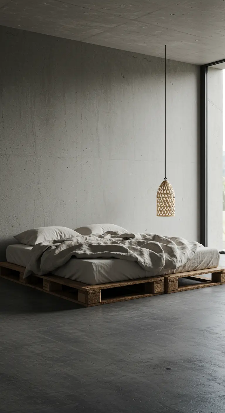 Dormitorio minimalista Wabi-Sabi con cama baja de palets y paredes de hormigón.