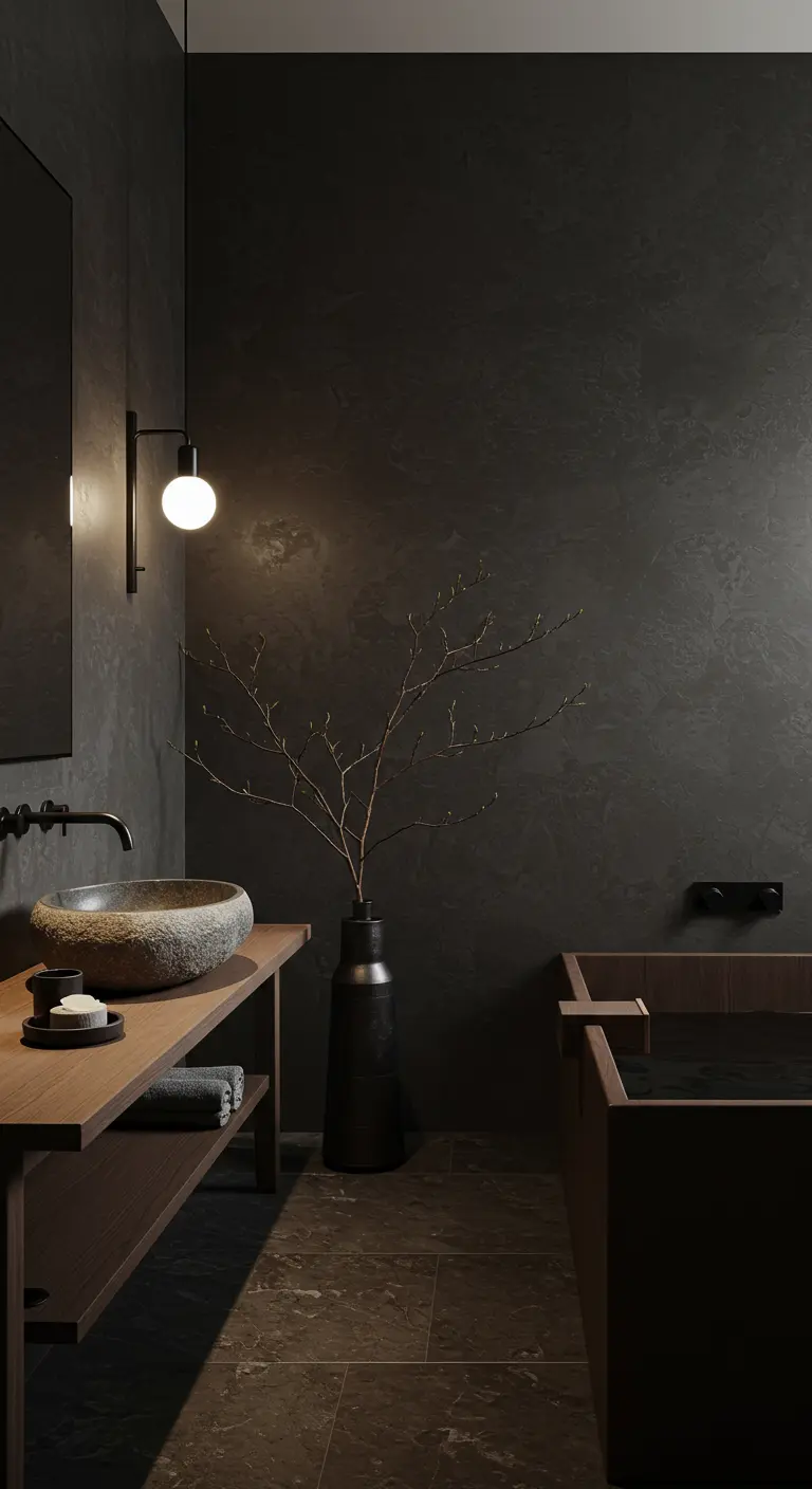 Baño de estilo wabi-sabi con paredes oscuras texturizadas, lavabo de piedra y bañera de madera
