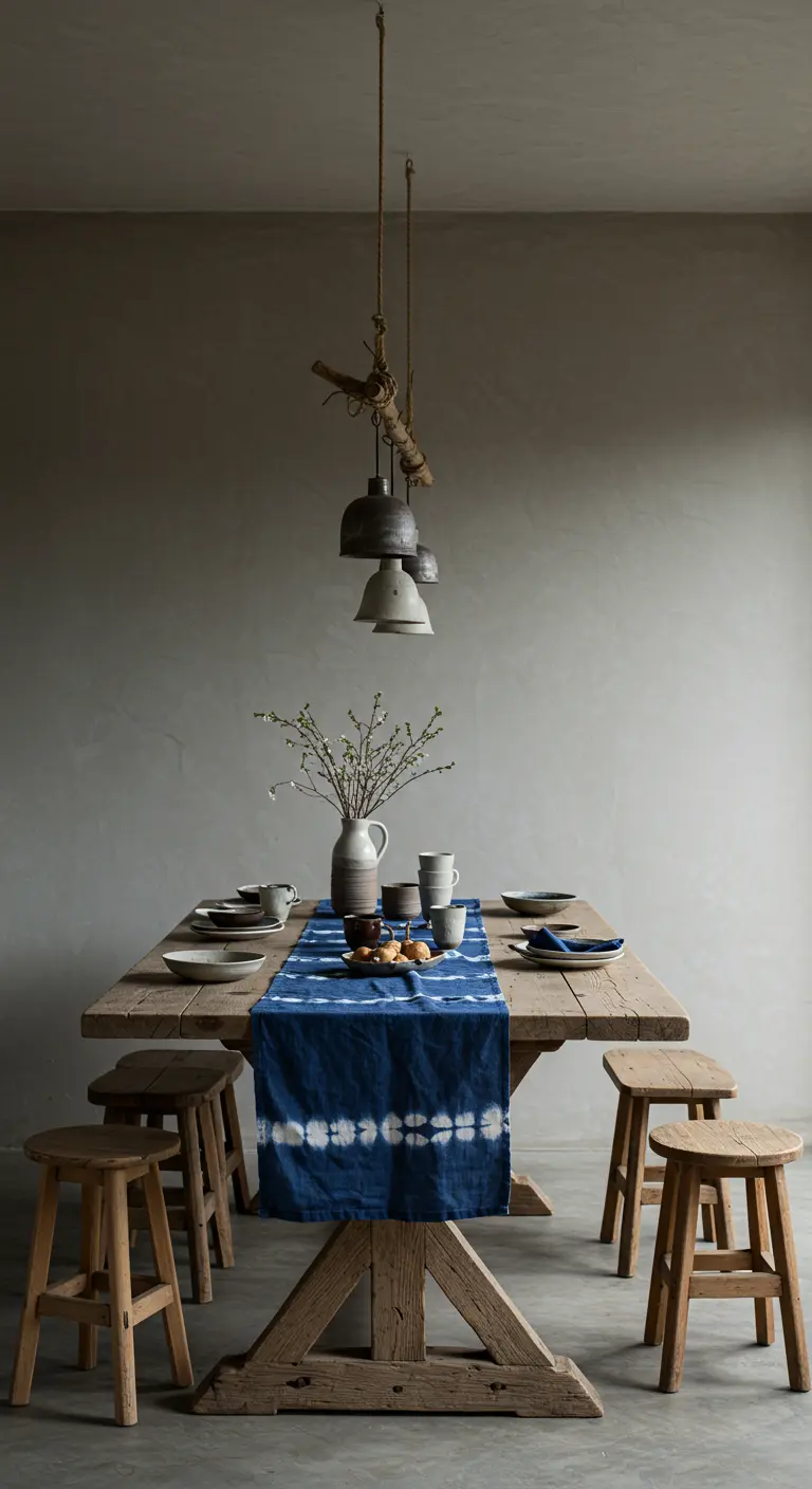 Comedor estilo wabi-sabi con mesa de madera rústica y camino de mesa teñido de índigo.