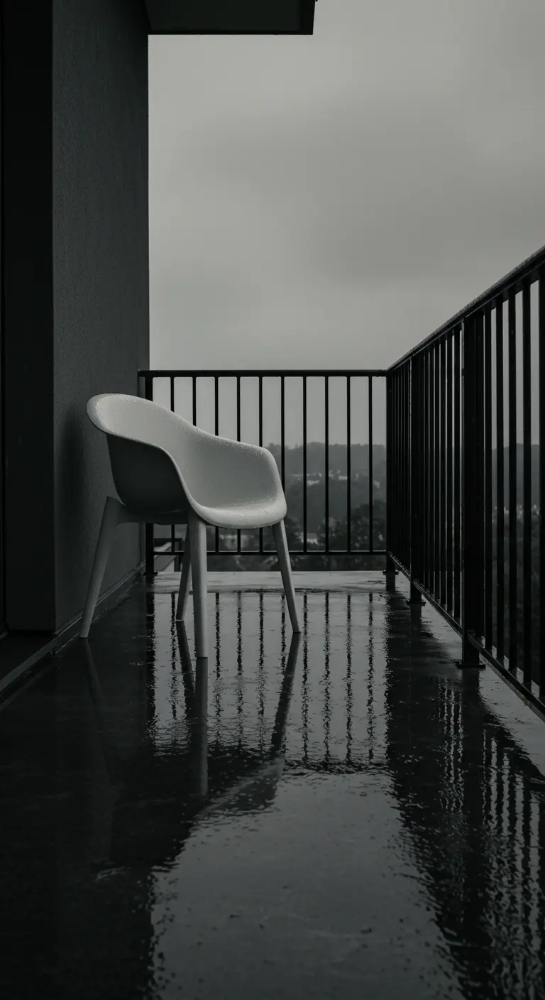 Silla blanca en un balcón oscuro y mojado por la lluvia, con reflejos en el suelo.
