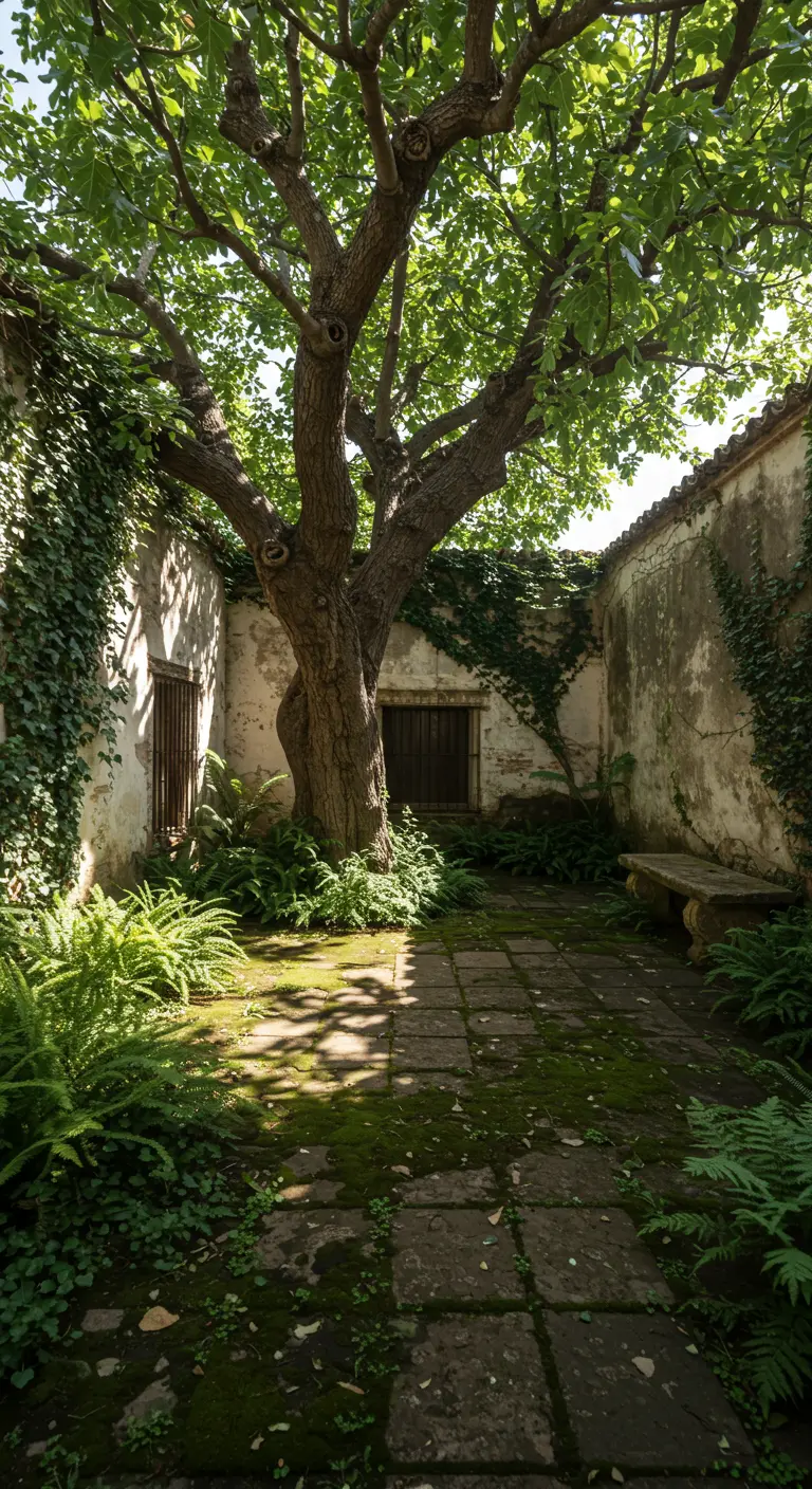 Patio antiguo y frondoso con un gran árbol, paredes cubiertas de hiedra y suelo de piedra con musgo
