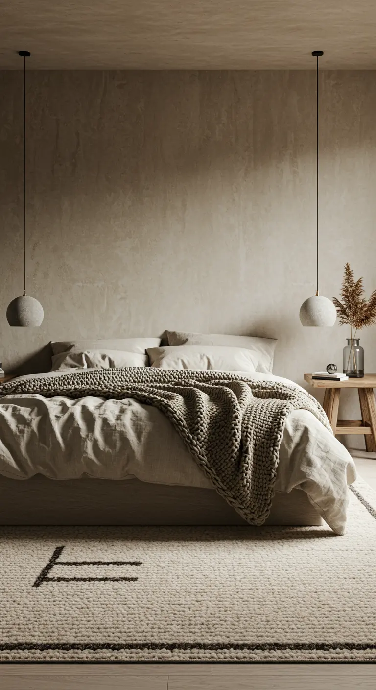 Dormitorio Wabi-Sabi con paredes texturizadas, manta de punto grueso y alfombra bouclé.