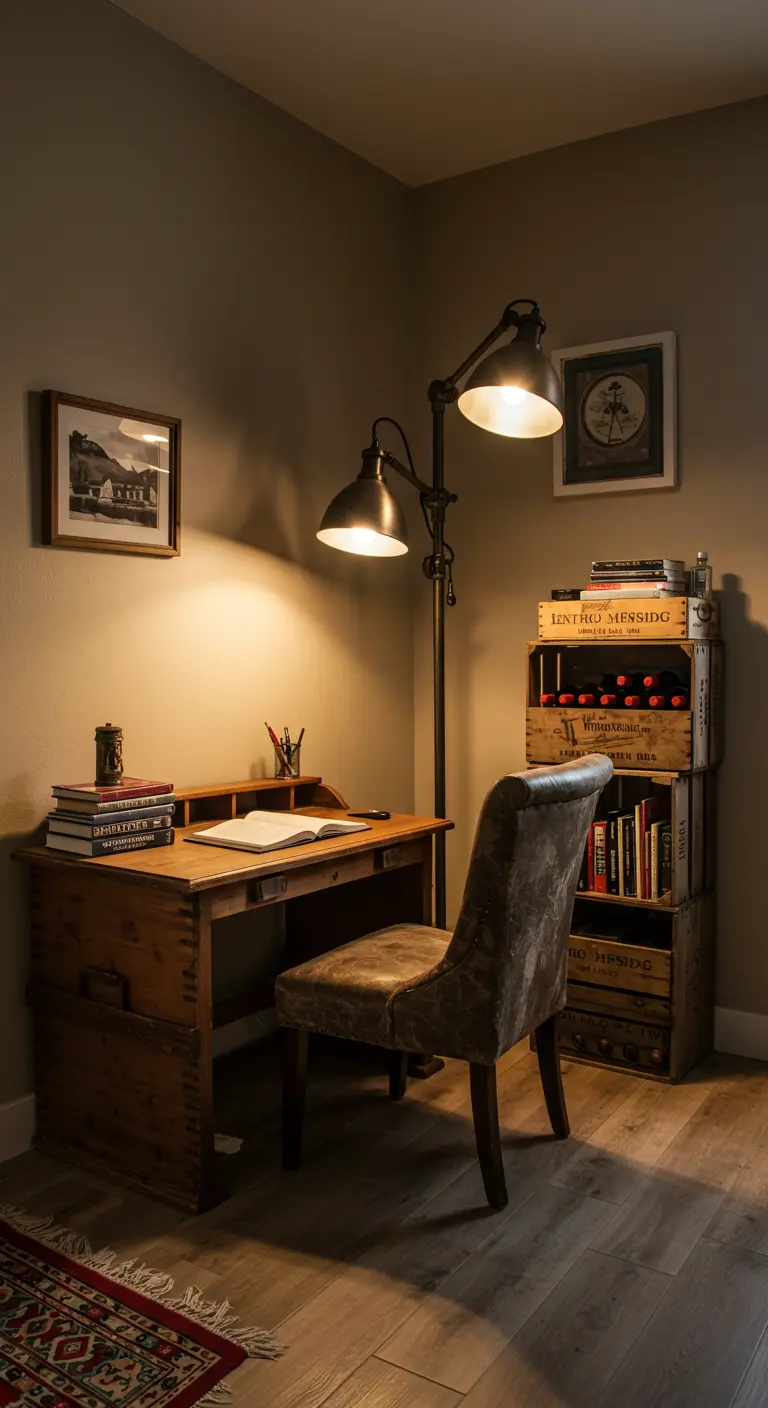 Rincón de estudio con un escritorio de madera antiguo y estanterías hechas con cajas de vino apiladas.